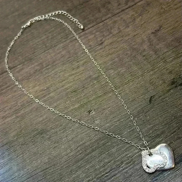 Vintage Silver Tone and Pink Gems Two Heart Pendants Necklace - Picture 1 of 4